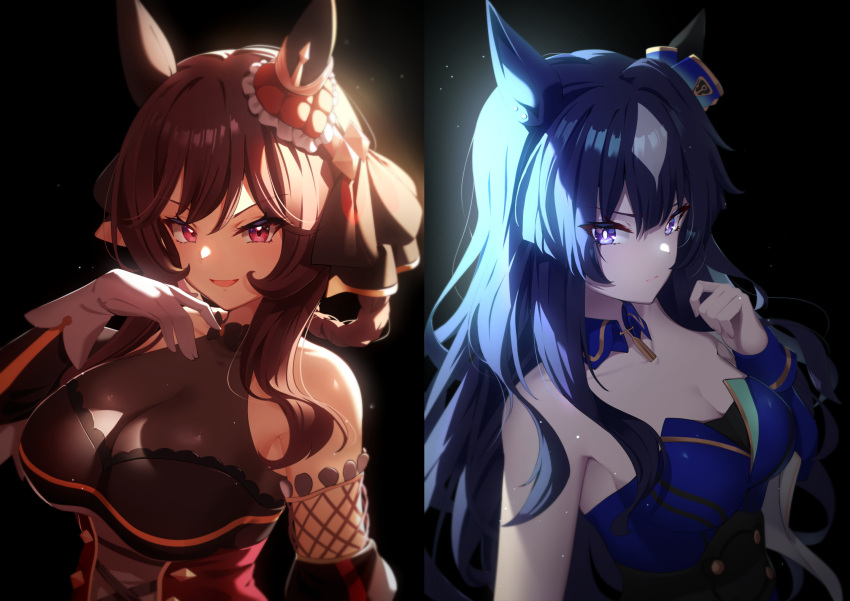 1girl :d animal_ears bare_arms bare_shoulders black_hair black_sleeves blue_dress blush bodystocking braided_hair_rings breasts brown_hair cleavage collarbone commentary commentary_request dark_background detached_sleeves dress ear_covers ear_ornament gentildonna_(umamusume) gloves hair_between_eyes hand_up heart_ear_ornament highres horse_ears horse_girl large_breasts long_hair looking_at_viewer mole mole_under_eye open_mouth pink_eyes purple_eyes red_dress see-through see-through_cleavage sidelocks simple_background single_ear_cover sleeveless sleeveless_dress smile solo standing strapless strapless_dress sunny_(20597521) umamusume upper_body verxina_(umamusume) very_long_hair white_gloves wrist_cuffs