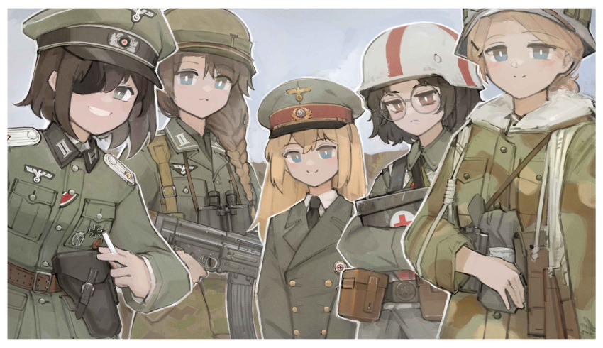 5girls abigail_(panzerfritz) absurdres assault_rifle belt_pouch binoculars blonde_hair blue_eyes brown_eyes brown_hair buttons camouflage camouflage_jacket cigarette closed_mouth collared_shirt cross day eika_(dersoldatfritz) erika_(sebastian_z) eyepatch frown glasses green_jacket gun hat helmet highres holding holding_cigarette holding_weapon iron_cross jacket long_hair long_sleeves looking_at_viewer medium_hair military military_uniform multiple_girls multiple_sources necktie peaked_cap pouch red_cross rifle round_eyewear shirt sky smile stg44 uniform upper_body ursula_(keiita) weapon white_shirt xerbatt