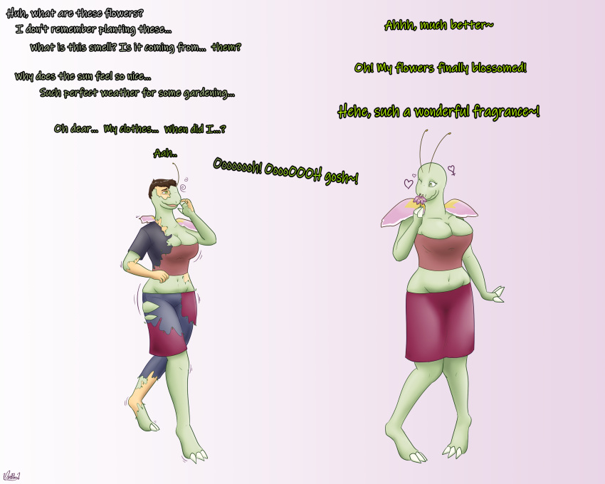 absurd_res alternate_costume anthro big_breasts bottomwear breast_growth breasts brown_hair clothed clothing clothing_swap colored confusion dialogue diethyl english_text expansion female flower gender_transformation generation_2_pokemon green_body green_eyes growth hair hair_shrinking happy hi_res human hypnosis male mammal meganium midriff mind_alteration mind_control mtf_transformation nintendo personality_change plant pokemon pokemon_(species) scent sequence skirt smelling_flower solo species_transformation text thick_thighs thigh_expansion transformation