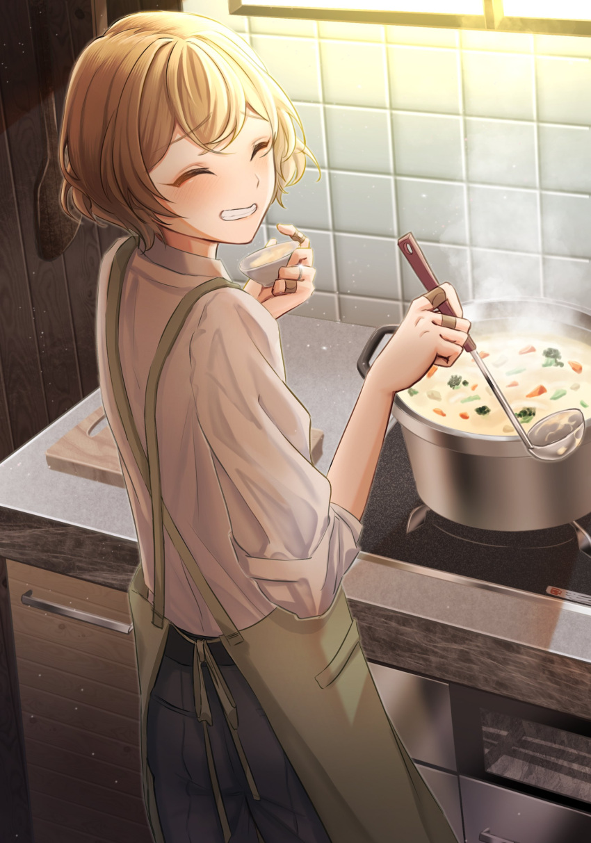 absurdres apron bandaged_fingers bandages black_pants blonde_hair cooking cutting_board food from_behind highres jewelry kitchen limbus_company long_sleeves nomuyo_pm pants project_moon ring shirt sinclair_(project_moon) smile soup striped_clothes striped_pants white_shirt yellow_eyes