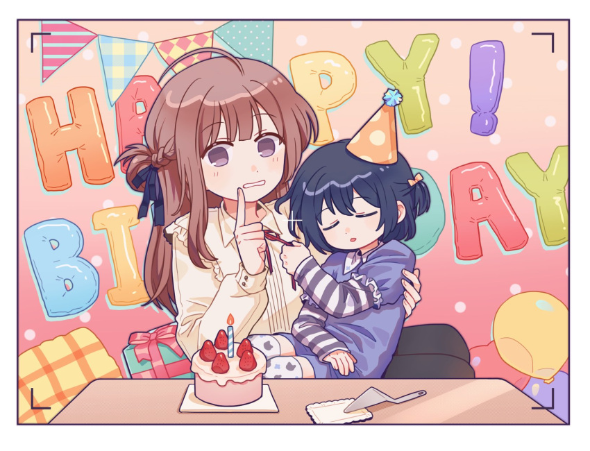 2girls aged_down ahoge artist_request balloon birthday_cake black_ribbon blue_hair blush box brown_hair cake cake_slicer child closed_eyes commentary_request commission dress finger_to_mouth food fruit gift gift_box hair_ribbon happy_birthday hat highres indoors long_hair long_sleeves looking_at_viewer miyagi_shiori multiple_girls parted_lips party_hat purple_dress purple_eyes ribbon second-party_source sendai_hazuki shushing shuuniichido_classmate_wo_kau_hanashi sitting sitting_on_lap sitting_on_person strawberry