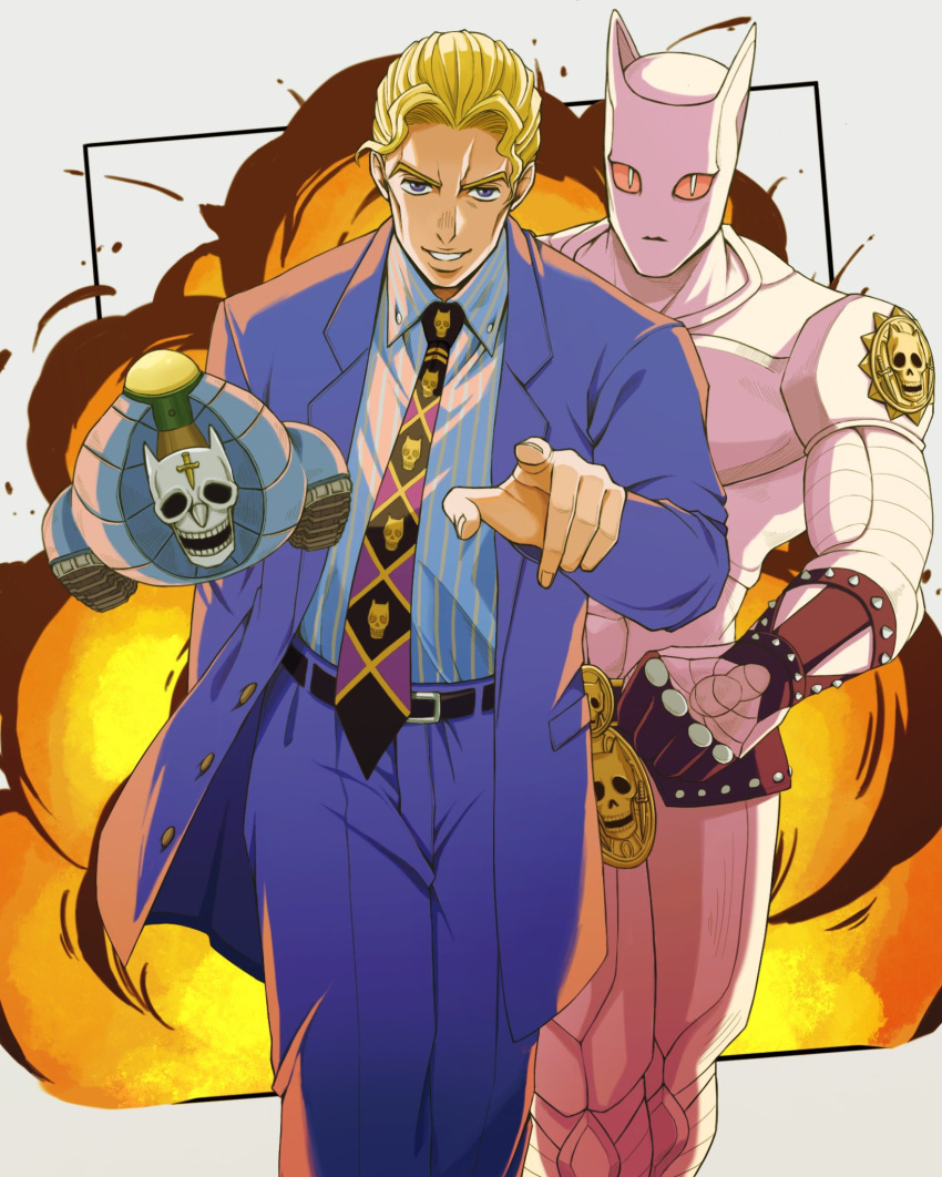 belt blonde_hair explosion highres jacket jojo_no_kimyou_na_bouken killer_queen kira_yoshikage necktie p526skeleton pants pointing pointing_at_viewer purple_jacket purple_pants sheer_heart_attack shirt short_hair skull_print striped_clothes striped_shirt