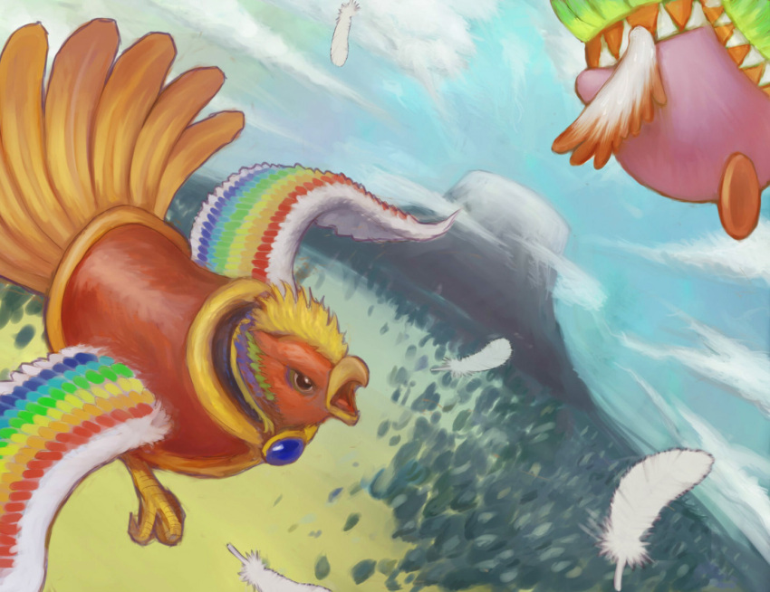 animal bird black_eyes blue_sky cloud dyna_blade feathers flying full_body headdress hisakichi kirby kirby_(series) kirby_super_star mountain native_american_headdress no_humans open_mouth outdoors sky white_feathers