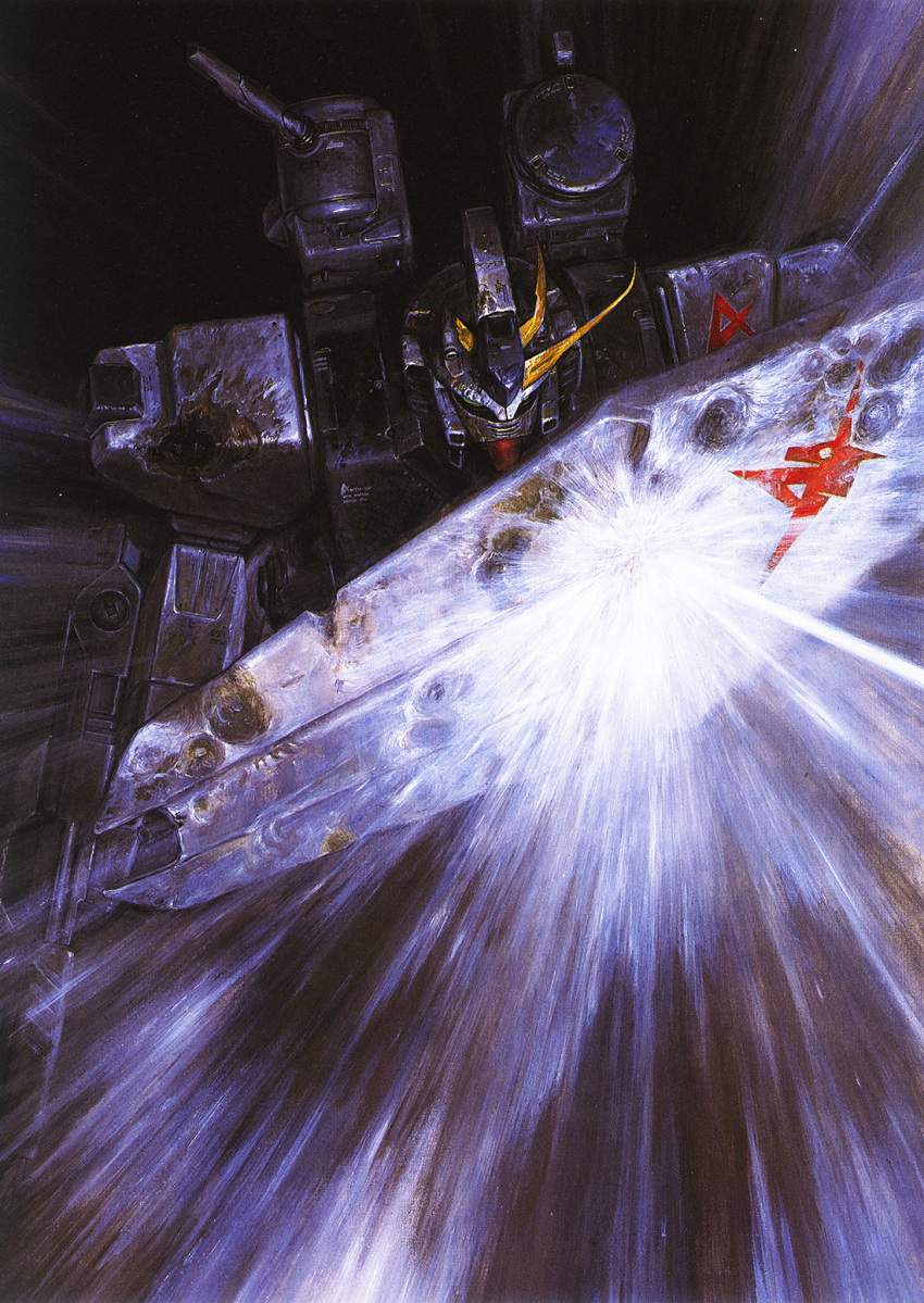 1980s_(style) anaheim_electronics battle beam_rifle bullet_hole char's_counterattack damaged dirty emblem energy energy_gun gundam highres katou_naoyuki machinery mecha mecha_focus mobile_suit no_humans nu_gundam official_art painting_(medium) production_art promotional_art realistic retro_artstyle robot scan science_fiction shield spoilers traditional_media unicorn v-fin weapon