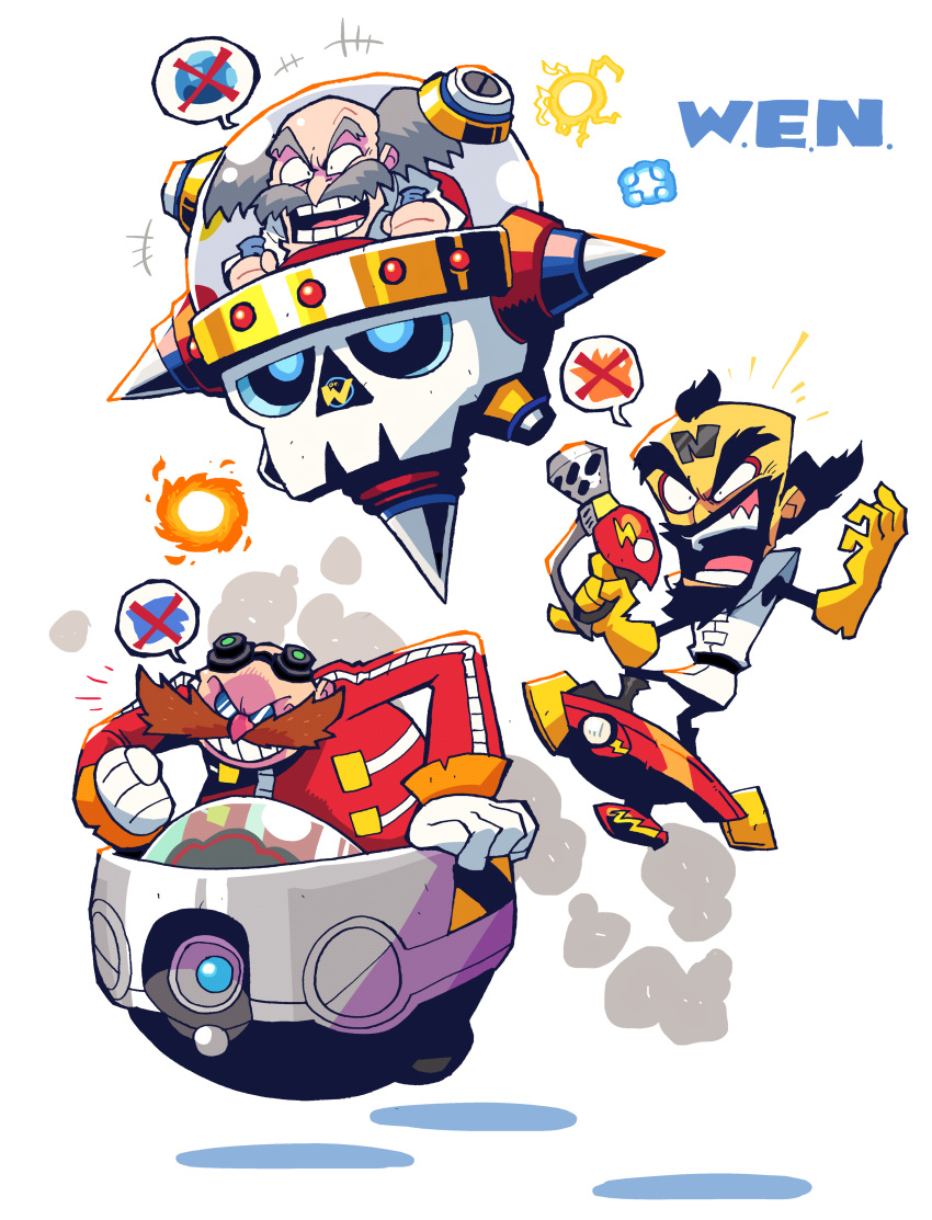 3boys absurdres bald beard black_eyes black_hair crash_bandicoot crash_bandicoot_(series) crossover dr._eggman dr._wily_(mega_man) energy_gun facial_hair flying grey_hair gun highres holding holding_gun holding_weapon hovercraft male_focus mega_man_(character) mega_man_(classic) mega_man_(series) multiple_boys multiple_crossover mustache neo_cortex open_hand rariatto_(ganguri) ray_gun science_fiction sonic_(series) sonic_the_hedgehog speech_bubble spoken_x sunglasses trait_connection v-shaped_eyebrows watercraft weapon