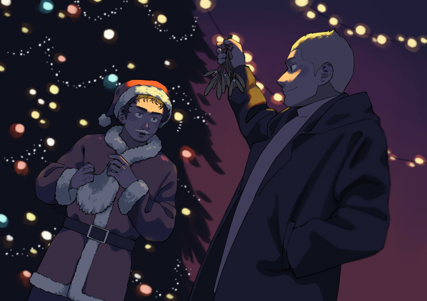 2boys absurdres arm_up beard_stubble black_coat black_hair brothers christmas_lights christmas_tree coat eye_contact facial_hair hand_in_pocket hat highres kani6850 looking_at_another male_focus mistletoe mixed-language_commentary multiple_boys nanba_hibito nanba_mutta night red_coat santa_costume santa_hat short_hair siblings smile standing stubble uchuu_kyoudai