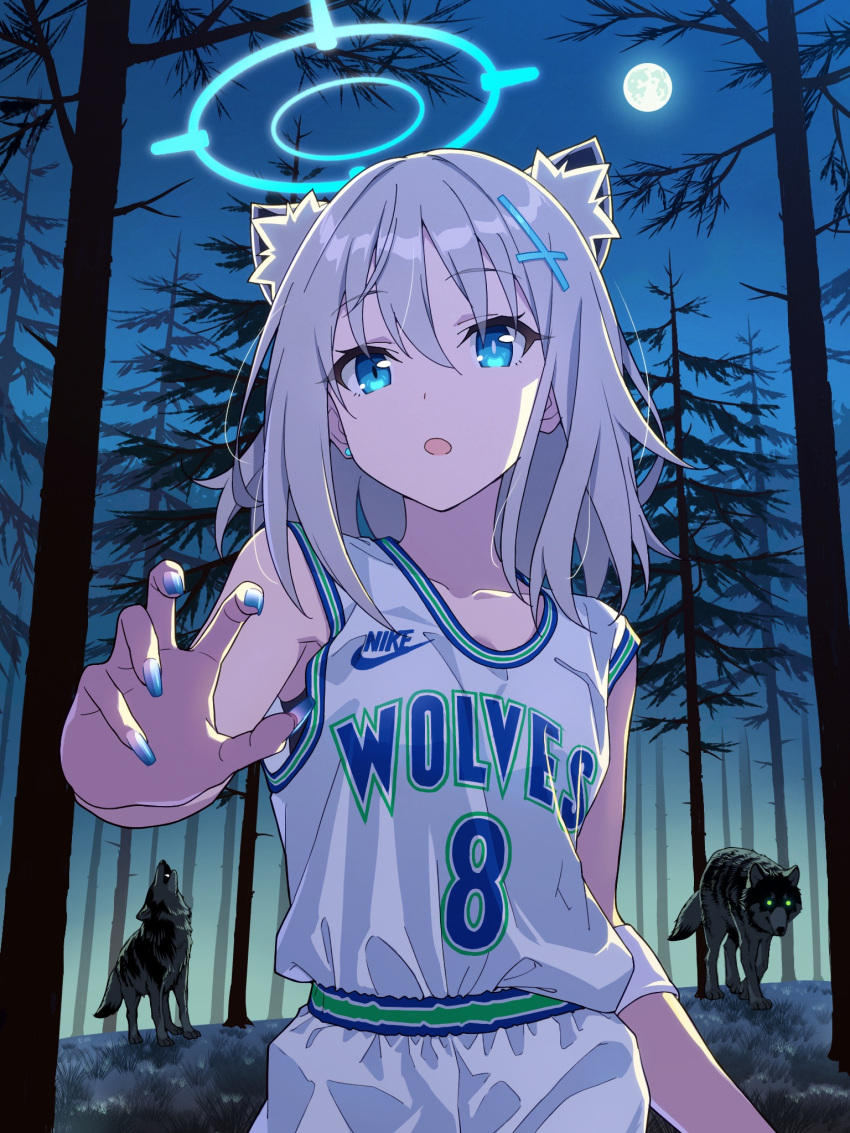 1girl animal_ear_fluff animal_ears basketball_jersey basketball_uniform blue_archive blue_eyes earrings extra_ears fingernails forest full_moon grey_hair halo highres jewelry looking_at_viewer minnesota_timberwolves moon name_connection national_basketball_association nature night night_sky nike_(company) sharp_fingernails shiroko_(blue_archive) single_earring sky sportswear wolf wolf_ears wolf_girl yazawa_happyaro