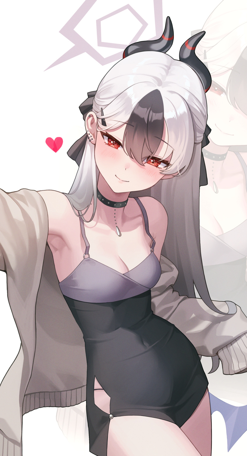 1girl absurdres armpits black_choker black_dress black_hair black_horns blue_archive breasts choker demon_horns demon_wings diamond_necklace dress ear_piercing grey_halo grey_jacket halo heart highres horns jacket kayoko_(blue_archive) kayoko_(dress)_(blue_archive) long_hair looking_at_viewer multicolored_hair off_shoulder official_alternate_costume open_clothes open_jacket outstretched_arm piercing purple_wings single_wing sleeveless sleeveless_dress sleeves_past_fingers sleeves_past_wrists small_breasts studded_choker two-tone_hair white_background white_hair wings yungjing