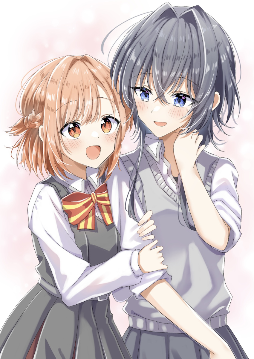 2girls arm_hug asanagi_yori black_hair blush commentary dress english_commentary grey_dress grey_skirt grey_sweater_vest hair_intakes hand_on_own_neck highres kino_himari long_sleeves looking_at_another multiple_girls open_mouth orange_hair pinafore_dress pink_background pleated_skirt sasayaku_you_ni_koi_wo_utau school_uniform shirt short_hair skirt sleeveless sleeveless_dress smile sweater_vest upper_body white_background white_shirt yunagi_(yng_hoti) yuri