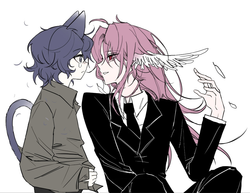 2boys animal_ears black_jacket black_necktie black_pants cat_boy cat_ears cat_tail closed_mouth collared_shirt commentary hand_up hatsutori_hajime head_wings highres jacket korean_commentary long_hair long_sleeves male_focus multiple_boys necktie pale_skin pants pink_hair poru_1 red_eyes saibou_shinkyoku shirt short_hair simple_background suit tail utsugi_noriyuki white_background white_shirt wings