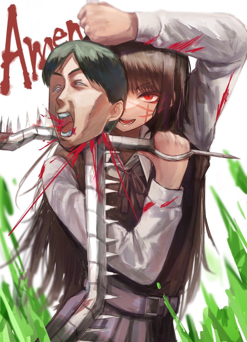 1boy 1girl bangs black_hair black_ribbon blood blood_from_mouth blood_on_clothes blood_splatter chainsaw_man deyo_(nicijyou) dress dual_wielding fourth_east_high_school_uniform green_blood highres holding holding_weapon long_hair looking_at_viewer neck_ribbon open_mouth pinafore_dress red_eyes ribbon ringed_eyes scar scar_on_cheek scar_on_face school_uniform severed_head short_hair simple_background spine tanaka_(chainsaw_man) weapon white_background yoru_(chainsaw_man)