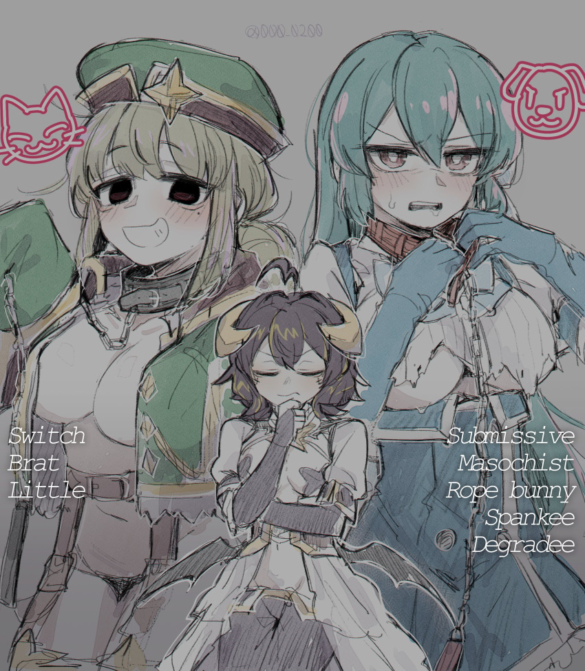 3girls ahoge an_sin araga_kiwi black_panties black_pasties blue_hair blush boots bow breastless_clothes breasts coat corset cross cross_facial_mark cross_pasties double_bun english_text facial_mark fold-over_gloves forward_facing_horns gloves green_hair green_hat green_jacket green_sleeves hair_bun hat highres hiiragi_utena horns jacket large_breasts leoparde_(mahou_shoujo_ni_akogarete) long_hair lowleg lowleg_pants magia_azure magia_baiser magical_girl mahou_shoujo_ni_akogarete medium_breasts military_coat military_hat military_jacket minakami_sayo mole mole_under_eye multiple_girls navel open_mouth panties pants pasties purple_corset purple_pasties simple_background smile star_pasties thigh_boots underwear very_long_sleeves white_shrug yellow_eyes yellow_horns yuri