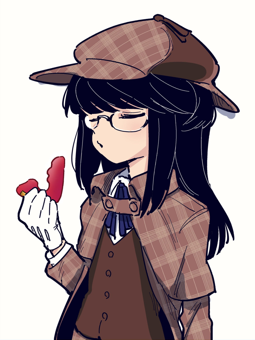 1girl black_hair clitoris coat deerstalker detective dildo eisu_(eith) glasses gloves hat highres long_hair original rabbit_vibrator sex_toy sidelocks simple_background smoking_pipe swept_bangs trench_coat tsukigime_sabuko vest vibrator white_background white_gloves