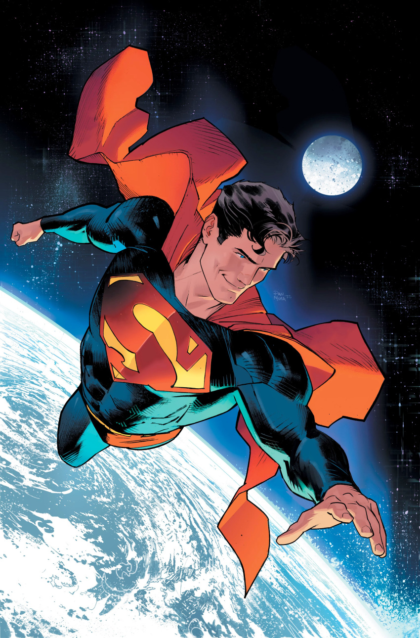1boy absurdres black_hair blue_bodysuit blue_eyes bodysuit cape clark_kent clenched_hand closed_mouth dan_mora dc_comics earth_(planet) english_commentary flying hand_up highres long_sleeves looking_to_the_side moon muscular muscular_male planet red_cape short_hair sky smile solo space star_(sky) starry_sky superhero_costume superman superman_(series) superman_logo very_short_hair