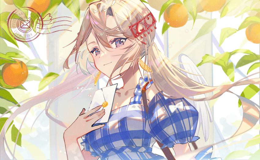 1girl absurdres bare_shoulders blonde_hair blue_shirt collarbone commentary envelope food fruit hair_between_eyes hand_up highres holding holding_envelope long_hair looking_at_viewer low_twintails off-shoulder_shirt off_shoulder orange_(fruit) original plaid plaid_shirt puffy_short_sleeves puffy_sleeves purple_eyes shirt short_sleeves sirom solo twintails upper_body very_long_hair