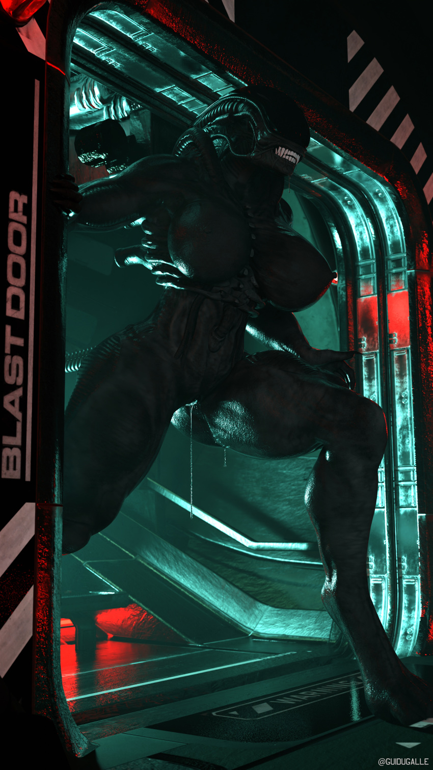 absurd_res alien alien_(franchise) anthro big_breasts black_body bodily_fluids breasts dripping female genital_fluids genitals grin guidugalle guimontag hi_res pussy pussy_juice_drip science_fiction smile solo vaginal_fluids xenomorph