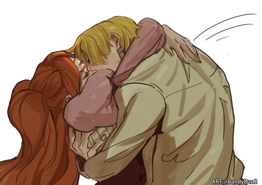 1boy 1girl absurdres blonde_hair blush brown_hair charlotte_pudding closed_eyes commentary couple full-face_blush hetero highres hug jacket juliet_sleeves kiss long_hair long_sleeves mutual_hug one_piece puffy_sleeves rita_ya sanji_(one_piece) shirt short_hair skirt symbol-only_commentary third_eye twintails twitter_username white_background white_jacket