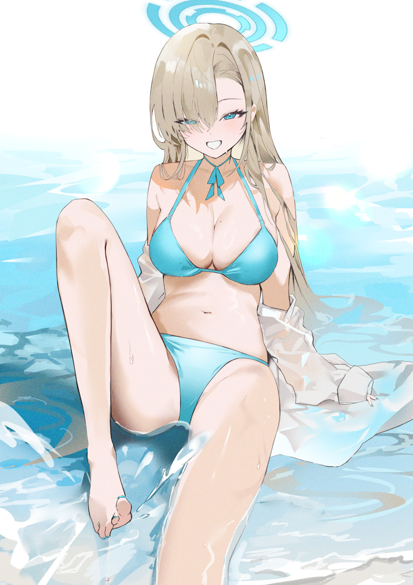 1girl absurdres asuna_(blue_archive) bikini blue_archive blue_bikini blue_eyes blue_halo breasts choker cleavage closed_mouth eyes_visible_through_hair hair_over_one_eye halo highres large_breasts light_brown_hair long_hair looking_at_viewer mole mole_on_breast nail_polish r_aeel ribbon_choker shirt smile solo swimsuit toenail_polish toenails toes wet wet_clothes wet_shirt