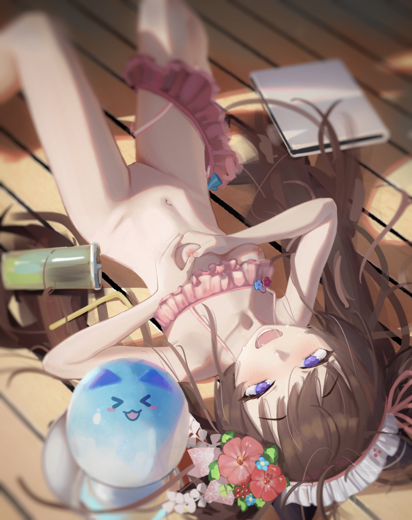 &gt;_&lt; 1girl absurdres bikini bikini_around_one_leg blue_archive blush breasts brown_hair cup drinking_straw english_commentary flower food frilled_bikini frills grabbing_own_breast hair_ornament hibiscus highres hsch kanzashi long_hair looking_at_viewer lying maid_headdress nipples on_back on_floor open_mouth petite pink_bikini purple_eyes red_flower shaved_ice shiny_skin shizuko_(blue_archive) shizuko_(swimsuit)_(blue_archive) small_breasts solo swimsuit twintails very_long_hair