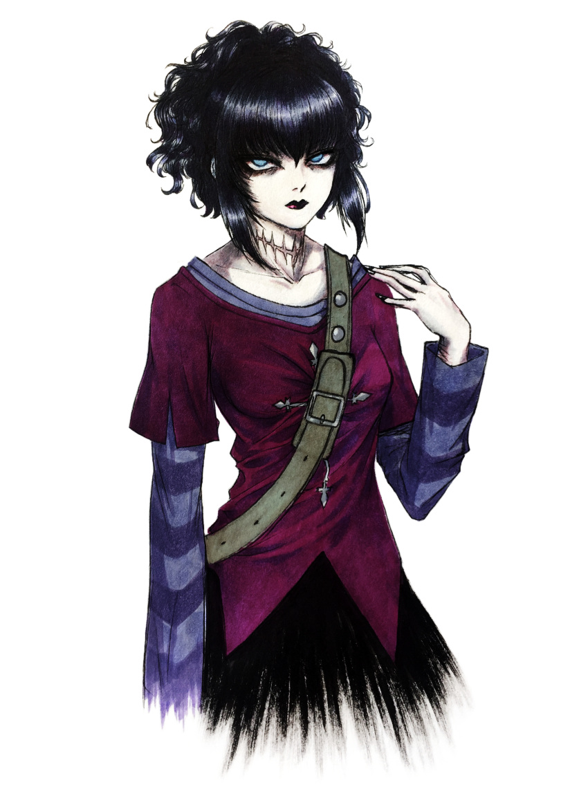 1girl absurdres black_hair black_lagoon black_nails blue_eyes breasts cross empty_eyes frederica_sawyer gothic graphite_(medium) highres horror_(theme) looking_at_viewer pale_skin purple_shirt red_lips scar scar_on_arm scar_on_neck shiny_hair shirt simple_background sketchmenot striped_sleeves traditional_media white_background