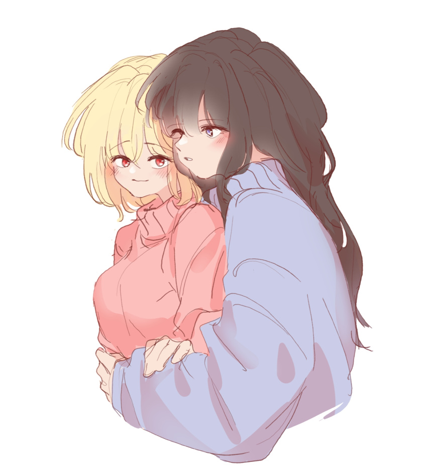 2girls black_hair blonde_hair blush closed_mouth commentary english_commentary hand_on_another's_arm highres hug hug_from_behind inoue_takina long_hair long_sleeves lycoris_recoil medium_hair multiple_girls nishikigi_chisato parted_lips pink_sweater purple_eyes purple_sweater red_eyes selayiss simple_background smile sweater upper_body white_background yuri