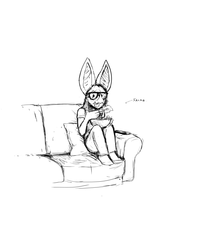 2024 anthro bat black_and_white buffy_(hladilnik) clothing controller eating eyewear female food footwear furniture glasses hi_res hladilnik leaf-nosed_bat mammal microbat monochrome pillow remote_control salad sitting socks sofa solo vampire_bat yangochiropteran