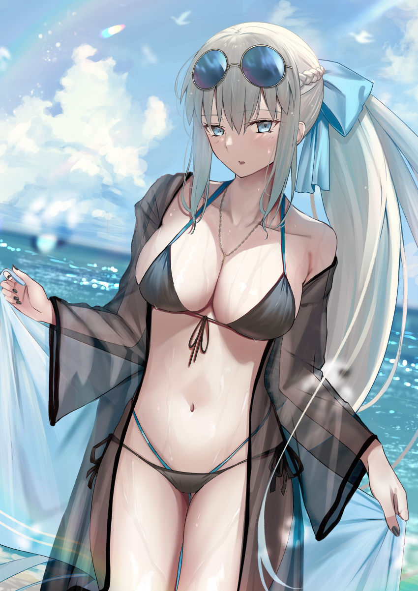 1girl absurdres beach bikini black_bikini black_bow black_shirt blue_eyes blue_sky bow braid breasts cleavage commentary_request eyewear_on_head fate/grand_order fate_(series) french_braid grey_hair hair_bow highres jewelry large_breasts long_hair long_sleeves looking_at_viewer mishiro_(ixtlolton) morgan_le_fay_(fate) navel necklace off_shoulder open_mouth ponytail round_eyewear see-through shirt shore sidelocks sky solo sunglasses swimsuit thighs towel very_long_hair