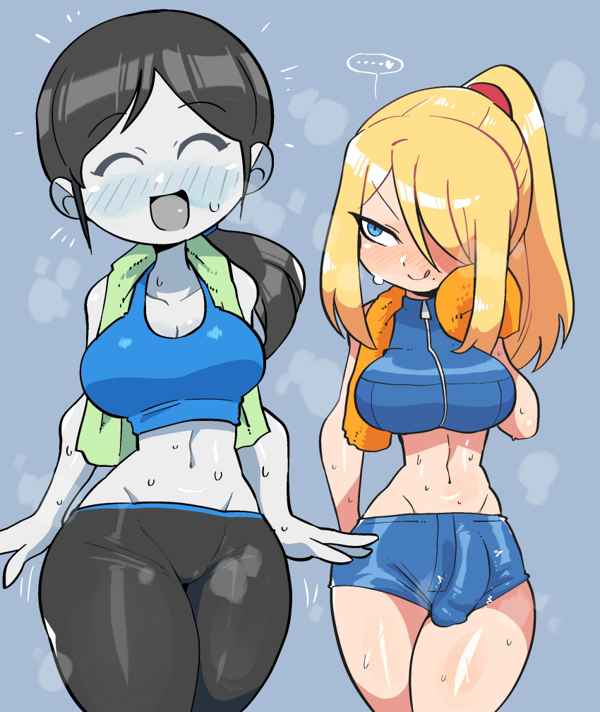 2girls :d :q absurdres black_hair blonde_hair blue_eyes blush breasts bulge cleavage colored_skin erection erection_under_clothes futa_with_female futanari grey_skin heart highres large_breasts leggings long_hair metroid midriff mole mole_under_eye multiple_girls navel ponytail rariatto_(ganguri) samus_aran smile spoken_heart sports_bra standing sweat tongue tongue_out towel towel_around_neck wii_fit wii_fit_trainer wii_fit_trainer_(female) wiping_sweat