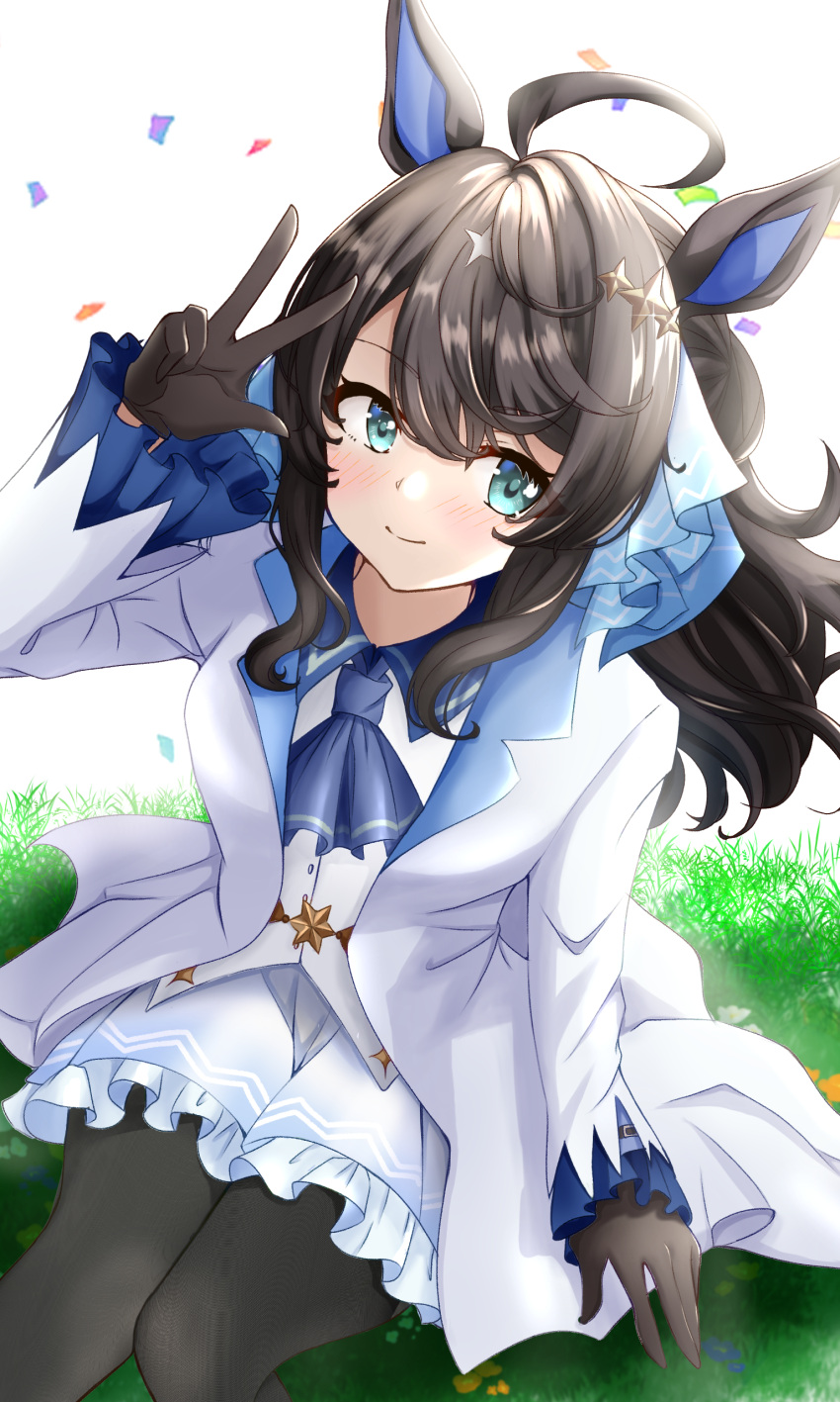 1girl absurdres ahoge black_hair blue_eyes blush breasts closed_mouth commentary_request daring_tact_(umamusume) gloves grass highres horse_girl kumakotoy long_hair looking_at_viewer medium_breasts pantyhose simple_background sitting smile solo umamusume white_background