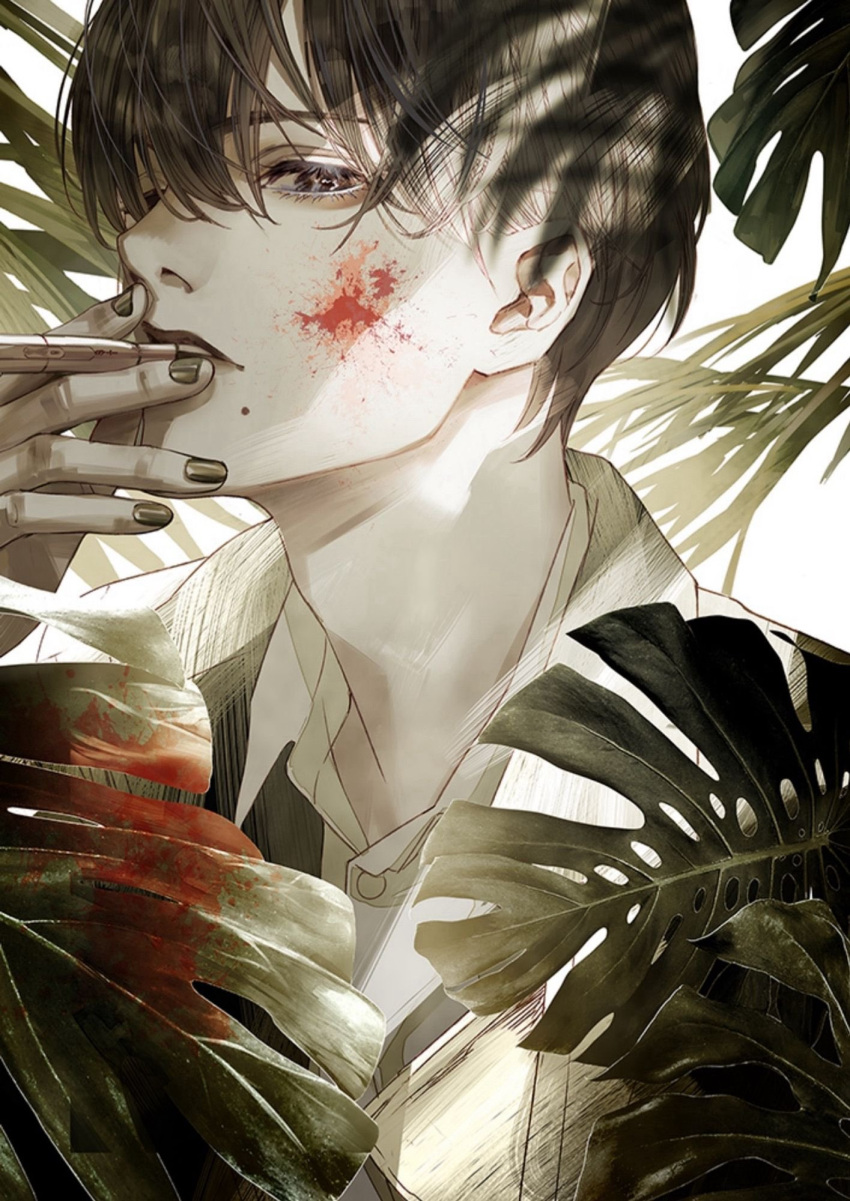 1boy blood blood_on_face bullet commentary_request crosshatching eyelashes hatching_(texture) highres juukakukan_no_satsujin kiyohara_hiro leaf limited_palette lips male_focus mole mole_under_mouth portrait profile solo