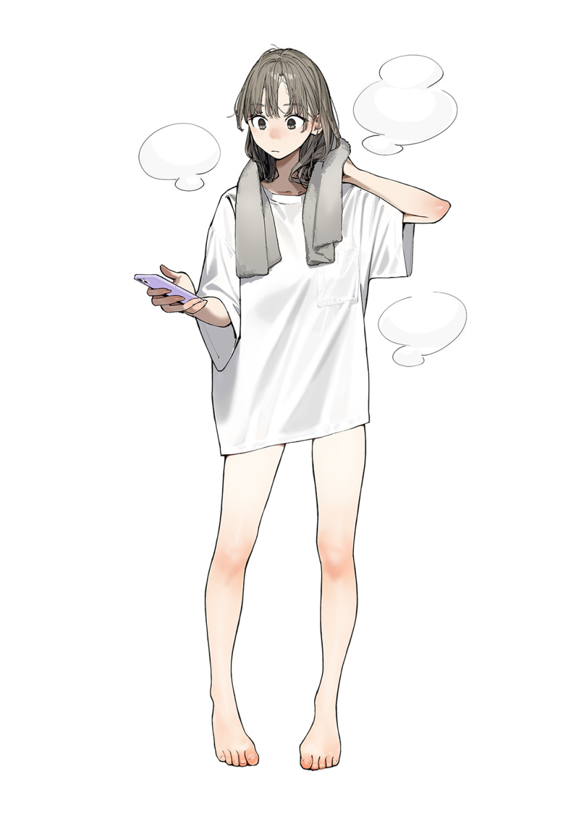 1girl after_bathing bare_legs barefoot brown_hair cellphone full_body grey_towel highres holding holding_phone imasara_desu_ga_osananajimi_wo_suki_ni_natte_shimaimashita no_pants phone shirasaka_hikari shirt simple_background solo steam toes towel towel_around_neck white_background white_shirt wide_sleeves yomu_(sgt_epper)