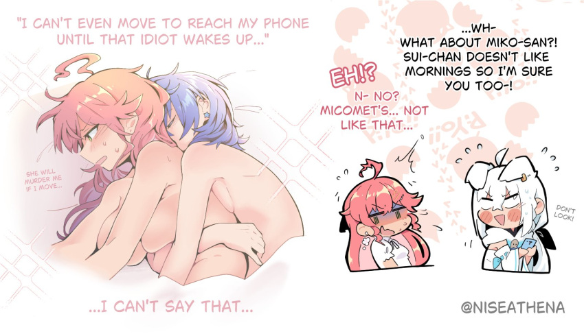3girls ahoge animal_ears blue_hair breasts cat_ears cellphone commentary completely_nude cuddling earrings english_commentary english_text flying_sweatdrops heart highres holding holding_phone hololive hoshimachi_suisei hug hug_from_behind jewelry large_breasts long_hair medium_hair multiple_girls nervous_sweating niseathena nude on_bed open_mouth phone pink_hair sakura_miko shirakami_fubuki sleeping smartphone sparkle star_(symbol) star_earrings sweat trembling twitter_username virtual_youtuber white_hair yuri