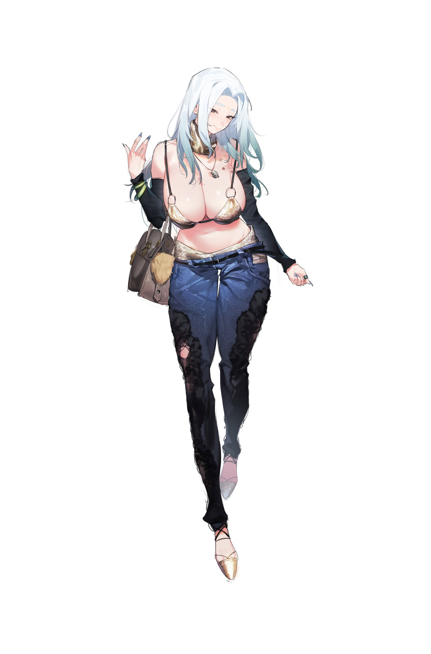 1girl absurdres aqua_hair bag black_nails blue_nails blue_pants bra bracelet breasts colored_tips commentary denim detached_collar detached_sleeves full_body gebijiade_89 half-closed_eyes hand_up handbag highres jeans jewelry large_breasts long_hair looking_at_viewer lowleg lowleg_pants multicolored_hair nail_polish necklace o-ring o-ring_top original panties pants parted_bangs pendant print_bra revealing_clothes simple_background sketch skindentation smile solo standing streaked_hair symbol-only_commentary thumb_ring torn_clothes torn_pants underwear white_background white_hair yellow_bra yellow_fur yellow_panties