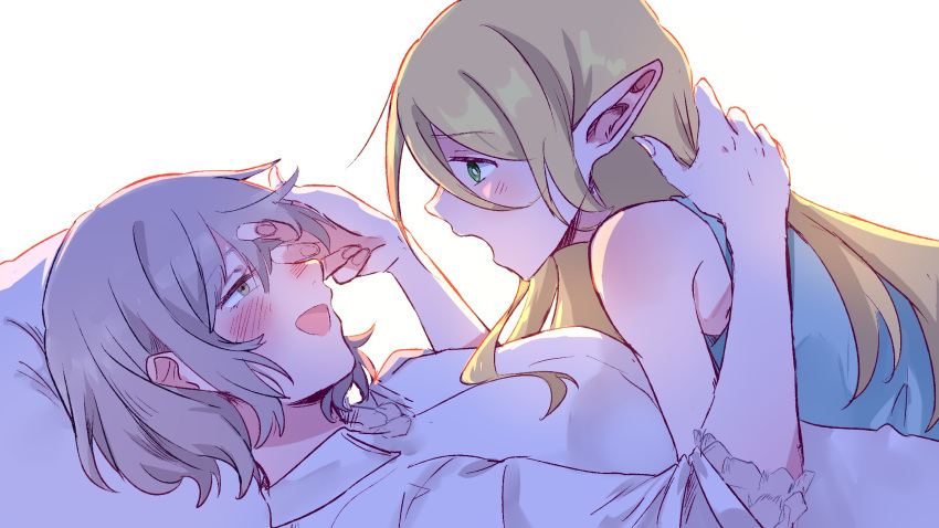 2girls bare_shoulders blonde_hair blush body_fur breasts brown_eyes collared_shirt couple dungeon_meshi ear_blush elf falin_touden from_side green_eyes grey_hair hand_up highres lisedraw long_hair lying lying_on_person marcille_donato multiple_girls nose_blush on_back on_stomach pillow playing_with_another's_hair pointy_ears profile shirt short_hair simple_background sleeveless smile upper_body white_background yuri