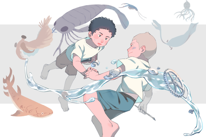 2boys absurdres aged_down barefoot black_eyes black_hair blue_shorts book brothers brown_hair brown_shorts child eye_contact fish gears grey_background highres holding holding_book holding_hands holding_paintbrush kani6850 looking_at_another multiple_boys nanba_hibito nanba_mutta paint_splatter paint_splatter_on_face paintbrush shirt short_sleeves shorts siblings squid sweatdrop uchuu_kyoudai white_shirt