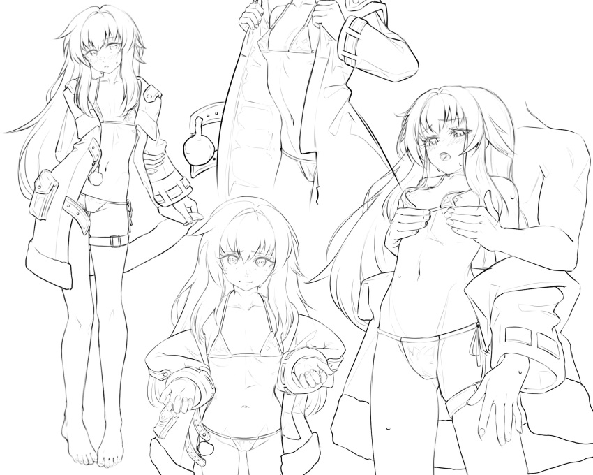 1boy 1girl barefoot bikini blush breasts chernyyvo clara_(honkai:_star_rail) closed_mouth coat full_body grabbing grabbing_another's_breast greyscale groin hair_between_eyes highres honkai:_star_rail honkai_(series) long_bangs long_hair moaning monochrome multiple_views navel open_mouth simple_background small_breasts stomach swimsuit teeth thigh_strap upper_teeth_only white_background