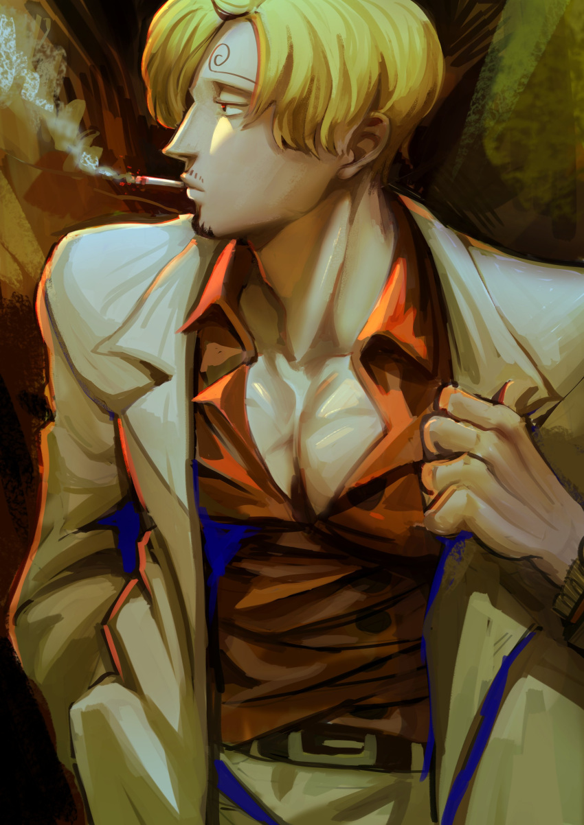 1boy absurdres belt blonde_hair blue_eyes cigarette collarbone curly_eyebrows english_commentary facial_hair hair_over_one_eye hand_in_pocket highres jacket long_sleeves looking_to_the_side male_focus mouth_hold one_piece open_clothes open_jacket open_mouth pants pectorals red_shirt rita_ya sanji_(one_piece) shirt short_hair solo white_jacket white_pants
