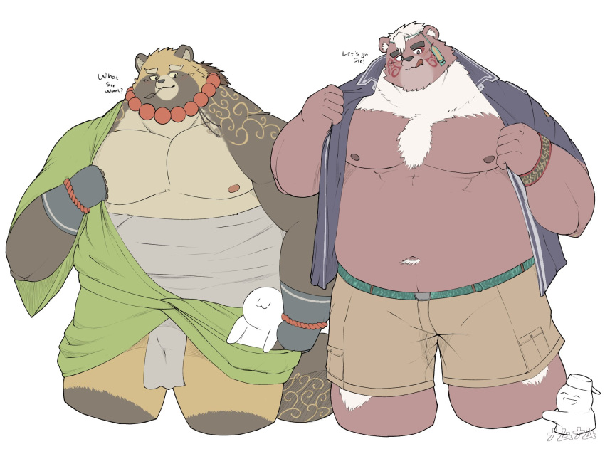 2024 anthro bear belly big_belly bottomwear brown_body canid canine clothing group gyobu_(tas) harumuname hi_res kemono kimun_kamui_(tas) lifewonders male mammal moobs navel nipples overweight overweight_male raccoon_dog shorts tanuki tattoo tokyo_afterschool_summoners