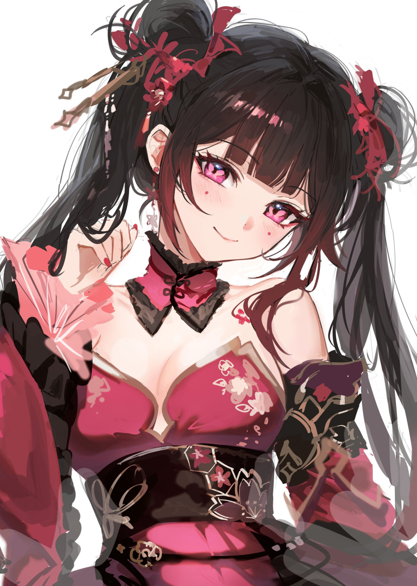 1girl absurdres adapted_costume blush breasts brown_hair butterfly-shaped_pupils cleavage detached_sleeves double_bun earrings facial_mark fractalmagnolia hair_bun hair_ornament head_tilt highres honkai:_star_rail honkai_(series) jewelry looking_at_viewer medium_breasts nail_polish pink_eyes red_nails simple_background sleeveless smile solo sparkle_(honkai:_star_rail) symbol-shaped_pupils twintails upper_body white_background