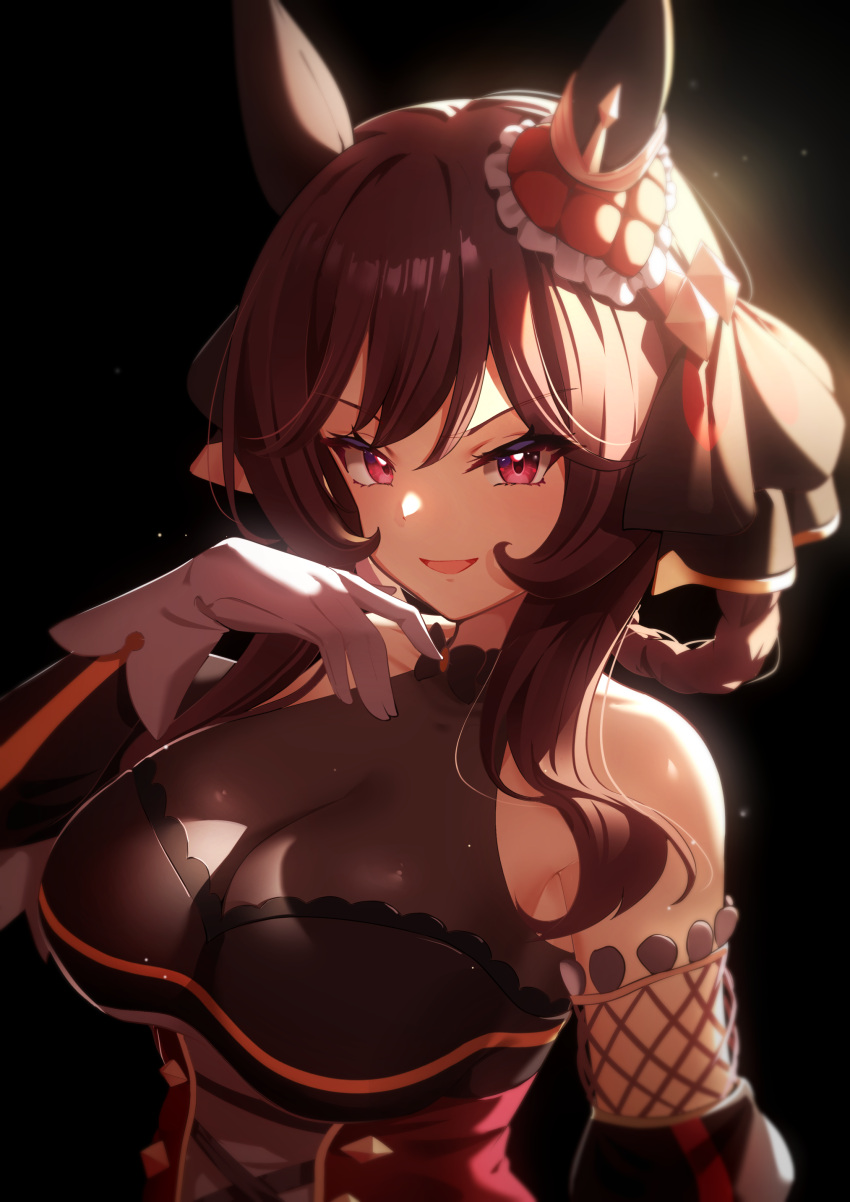 1girl :d absurdres animal_ears bare_shoulders black_sleeves bodystocking braided_hair_rings breasts brown_hair cleavage collarbone commentary_request detached_sleeves dress ear_covers ear_ornament gentildonna_(umamusume) gloves hair_between_eyes hand_up heart_ear_ornament highres horse_ears horse_girl large_breasts long_hair looking_at_viewer open_mouth pink_eyes red_dress see-through see-through_cleavage sidelocks single_ear_cover sleeveless sleeveless_dress smile solo standing sunny_(20597521) umamusume upper_body white_gloves