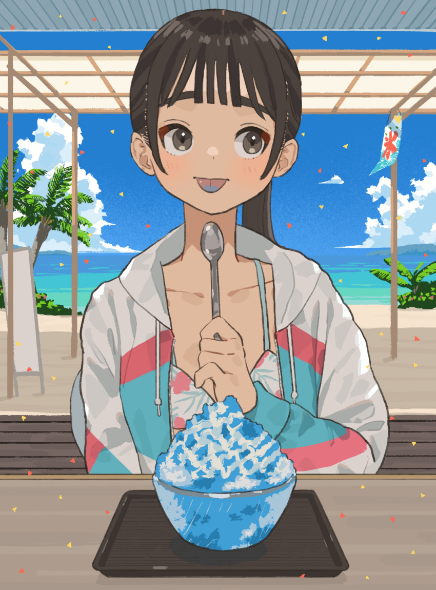 1girl beach bikini black_eyes black_hair bowl cloud cloudy_sky collarbone facing_viewer food highres holding holding_spoon jacket looking_to_the_side mashiro_ka ocean open_clothes open_jacket original palm_tree ponytail print_bikini shaved_ice sky solo spoon summer swimsuit swimsuit_under_clothes table tongue tongue_out track_jacket tray tree