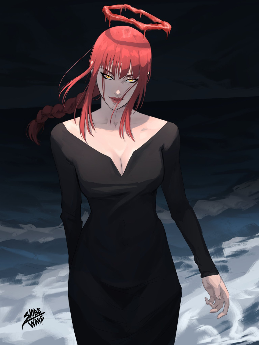&gt;:) 1girl black_dress braid breasts chainsaw_man cleavage dress evil_smile halo highres looking_at_viewer makima_(chainsaw_man) ocean red_hair red_halo shibewave smile solo v-shaped_eyebrows waving yellow_eyes