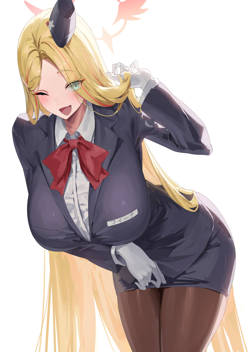 1girl ;d absurdres black_jacket black_skirt blonde_hair blue_archive blush breasts brown_pantyhose garrison_cap gloves halo hat highres huge_breasts jacket long_hair looking_at_viewer name_tag official_alternate_costume one_eye_closed pantyhose pencil_skirt pina_(blue_archive) pina_(guide)_(blue_archive) shirt simple_background skirt smile solo tour_guide very_long_hair white_background white_gloves white_shirt yamanokami_eaka