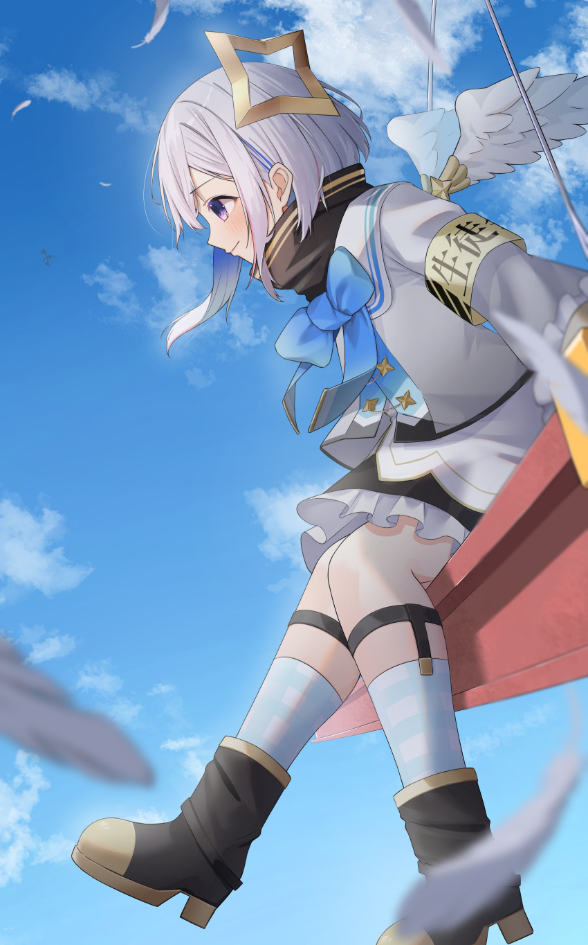1girl absurdres ai_(u_e_o_o) amane_kanata amane_kanata_(1st_costume) angel_wings armband black_footwear black_skirt blue_bow blue_bowtie blue_sky blue_socks blurry blurry_foreground blush boots bow bowtie closed_mouth cloud cloudy_sky commentary_request day falling_feathers feathered_wings feathers foot_out_of_frame frilled_skirt frills from_side gingham_socks grey_hair grey_jacket halo highres hololive indoors jacket legwear_garter long_sleeves mini_wings miniskirt outdoors profile purple_eyes sailor_collar short_hair sidelocks sitting skirt sky smile socks solo star_halo turtleneck virtual_youtuber white_sailor_collar white_wings wings