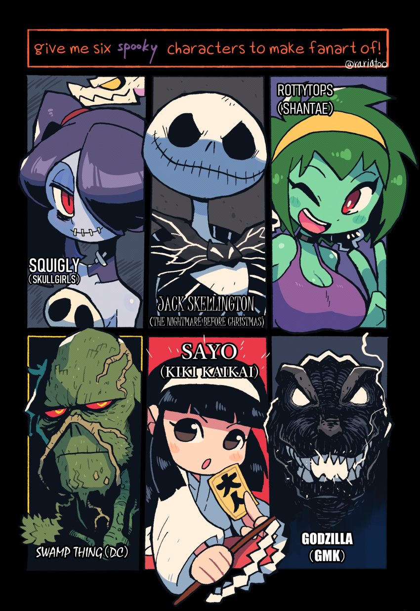 1boy 3girls :d absurdres black_bow black_bowtie black_hair bow bowtie breasts cleavage closed_mouth colored_skin dc_comics godzilla godzilla_(series) gohei green_skin grey_skin grin hair_over_one_eye hairband highres holding jack_skellington kiki_kaikai large_breasts leviathan_(skullgirls) long_sleeves looking_at_viewer marvel monster multiple_drawing_challenge multiple_girls ofuda one_eye_closed one_eye_covered parted_lips purple_hair rariatto_(ganguri) red_eyes red_hair rottytops sayo_(kiki_kaikai) shantae_(series) six_fanarts_challenge skeleton skullgirls smile squigly_(skullgirls) swamp_thing the_nightmare_before_christmas twintails v white_hairband