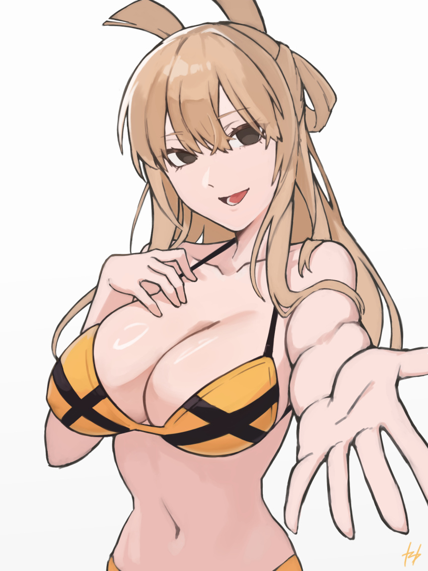 1girl bikini black_eyes breasts cleavage fukuya_art hair_between_eyes hand_on_own_chest highres large_breasts light_brown_hair navel open_mouth orange_bikini reaching reaching_towards_viewer sentai_dai_shikkaku shiny_skin signature smile solo stomach suzukiri_yumeko swimsuit upper_body white_background