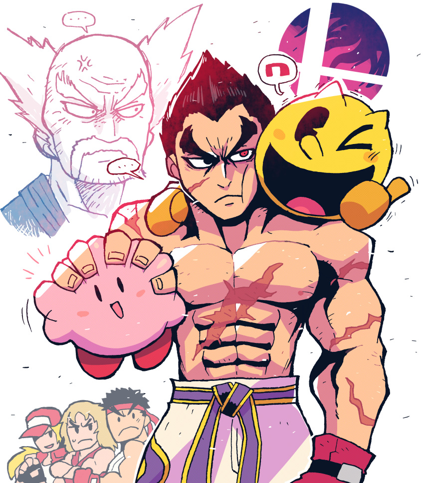 &gt;_o ... 6+boys absurdres anger_vein black_eyes black_gloves black_hair blonde_hair boxing_gloves closed_mouth company_connection facial_hair fatal_fury frown gloves hat headband heterochromia highres holding jaggy_lines kazuya_drops_kirby_off_a_cliff_(meme) ken_masters kirby kirby_(series) long_hair male_focus meme mishima_heihachi mishima_kazuya multiple_boys muscular muscular_male mustache one_eye_closed open_mouth pac-man pac-man_(game) rariatto_(ganguri) red_eyes red_gloves ryu_(street_fighter) scar scar_on_arm scar_on_chest shirt simple_background smash_ball spiked_hair spoken_ellipsis street_fighter super_smash_bros. sweat tekken terry_bogard the_king_of_fighters thick_eyebrows thumbs_up topless_male white_background