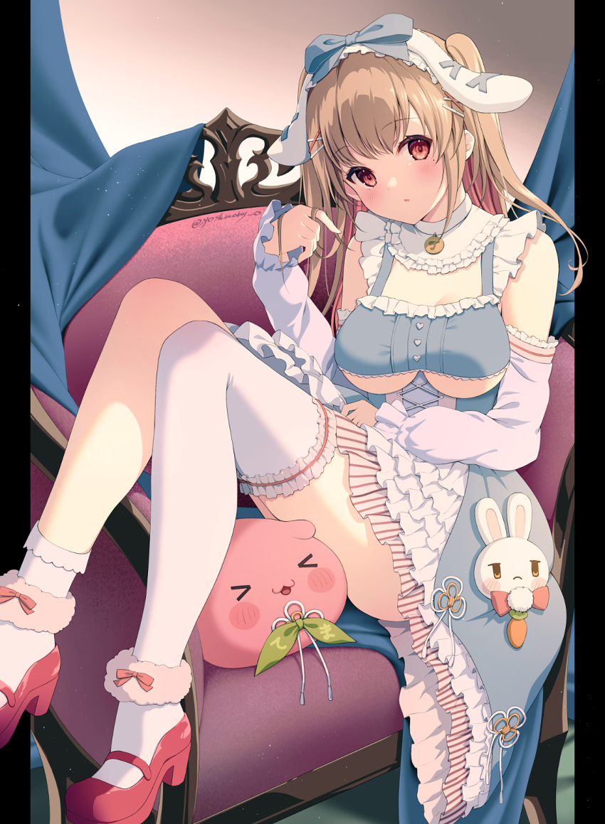 1girl animal_ears ayaginu_temari bangs bare_shoulders blue_bow blue_dress bow breasts brown_hair commentary_request commission couch detached_sleeves dress fake_animal_ears frilled_dress frilled_thighhighs frills hand_up highres isekai_tensei_shite_v_ni_narimashita long_hair long_sleeves looking_at_viewer multicolored_hair on_couch parted_lips puffy_long_sleeves puffy_sleeves rabbit_ears red_eyes red_footwear red_hair shoes single_sock single_thighhigh skeb_commission socks solo thighhighs twitter_username two-tone_hair two_side_up underboob white_sleeves white_thighhighs yoshino_ryou