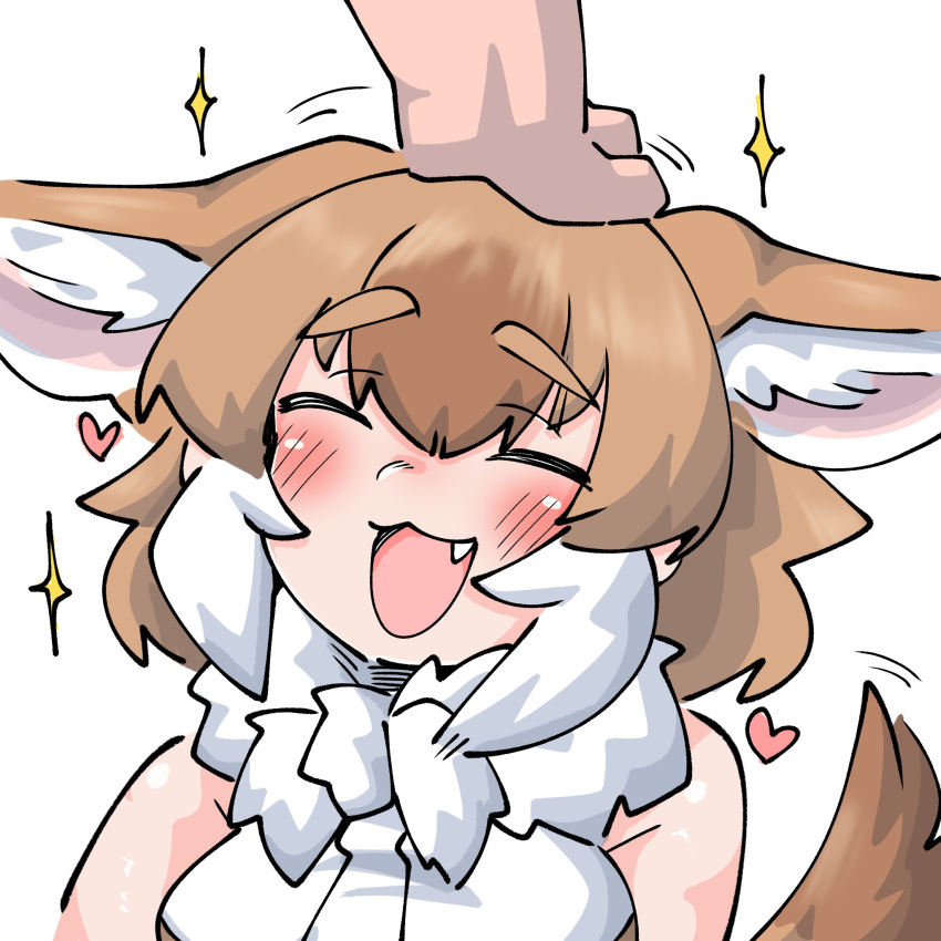 1girl animal_ears bare_shoulders blush bow brown_hair commentary dhole_(kemono_friends) disembodied_limb dog_ears dog_girl dog_tail extra_ears fang hand_on_another's_head headpat heart highres kemono_friends kemono_friends_3 multicolored_hair niboshi_(niboshi_aruku) open_mouth petting shirt short_hair sleeveless smile tail two-tone_hair white_hair