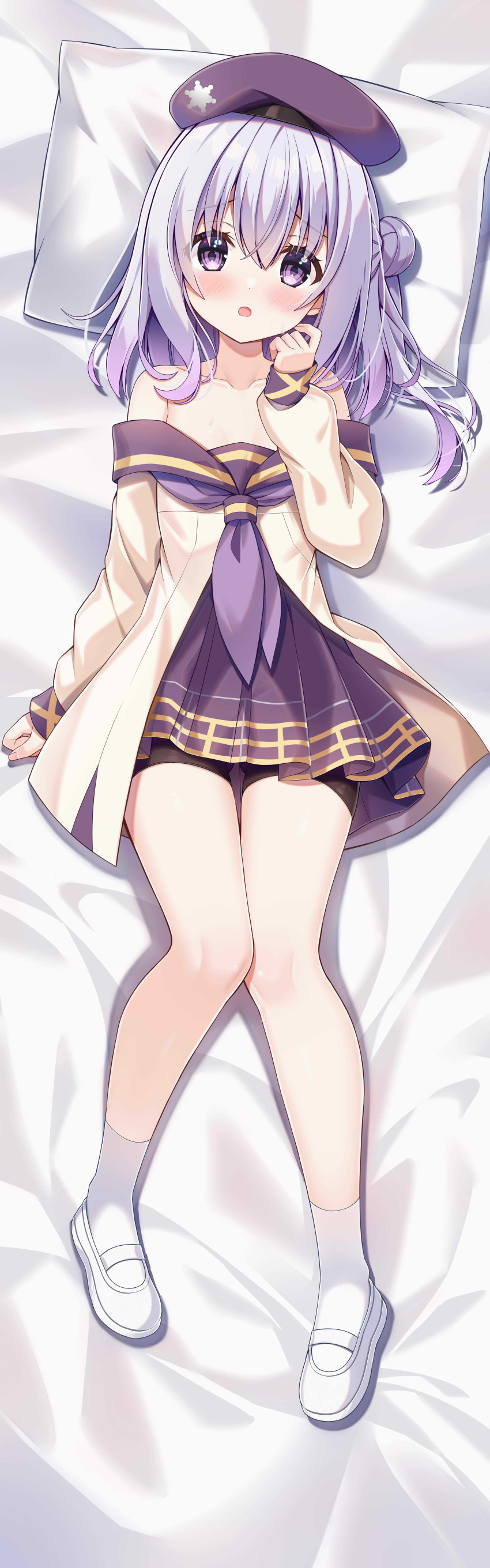 1girl absurdres bike_shorts blush collarbone dakimakura_(medium) dress fengshen_chino highres long_hair lying on_back open_mouth pillow purple_eyes purple_hair school_uniform serafuku shoes shorts shorts_under_skirt socks solo warship_girls_r white_footwear yukikaze_(warship_girls_r)